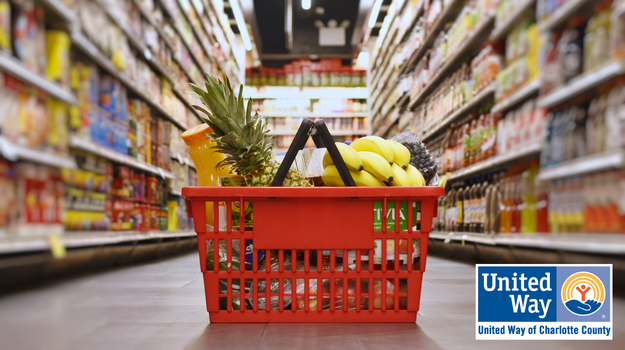 red grocery basket filled with food