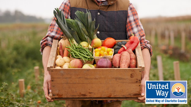 farmer holding wooden crate of fresh vegetables